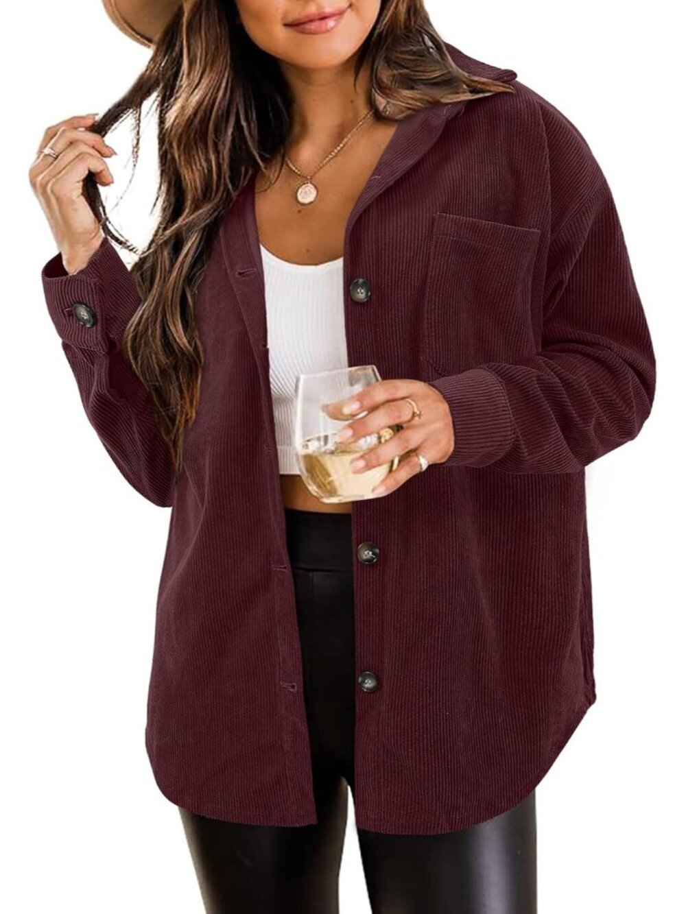 Women Burgundy Oversized Corduroy Long Sleeve Button-down Utility Shacket Jacket